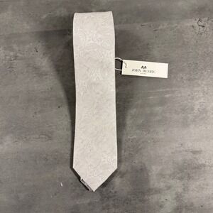 John Henric Necktie Mens Silk Woven Tie Formal Silver White Paisley Handmade NEW